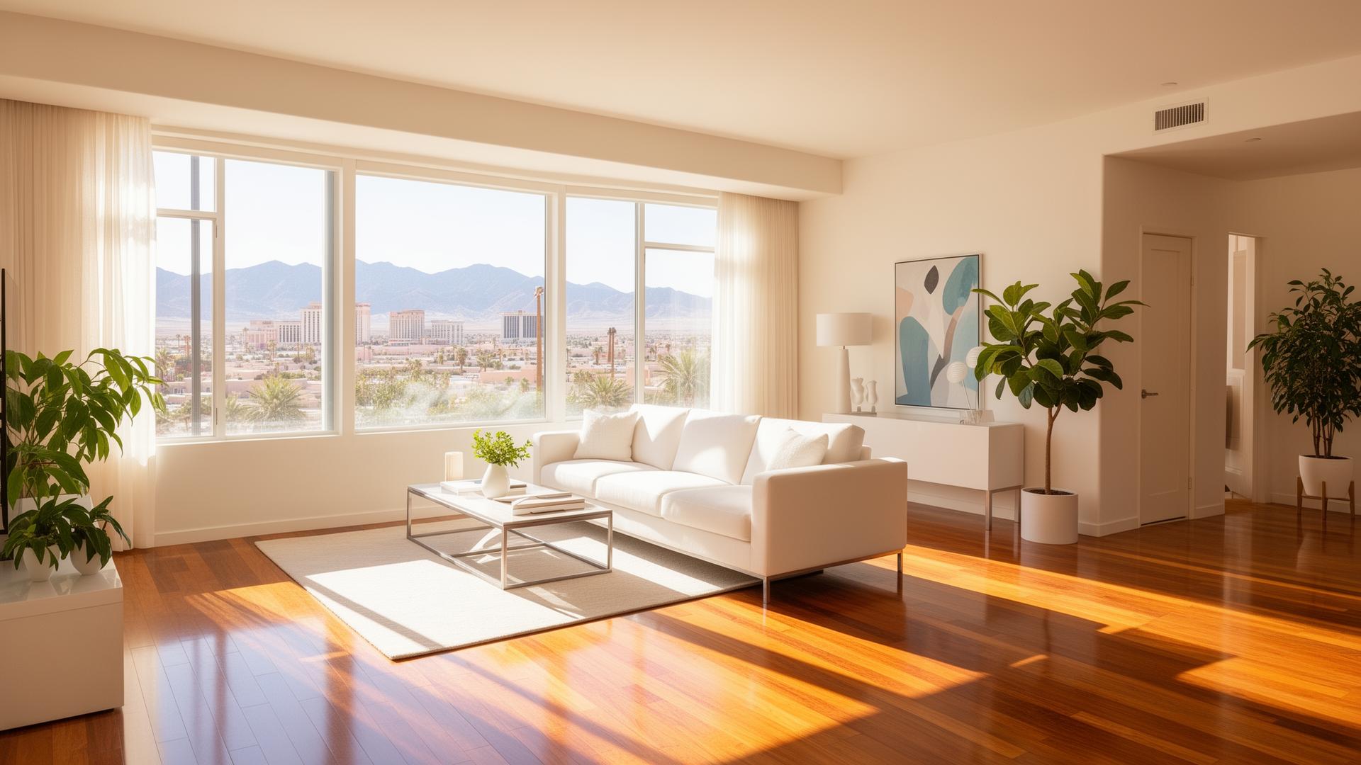 Sparkling clean modern Las Vegas living room with mountain view
